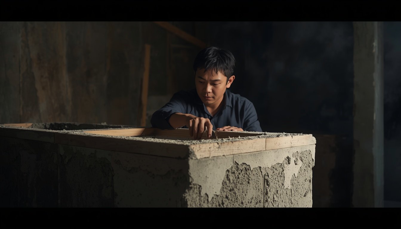 lucid-origin_Realistic_Asian_homeowner_inspecting_freshly_removed_wooden_formwork_from_a_smal-0