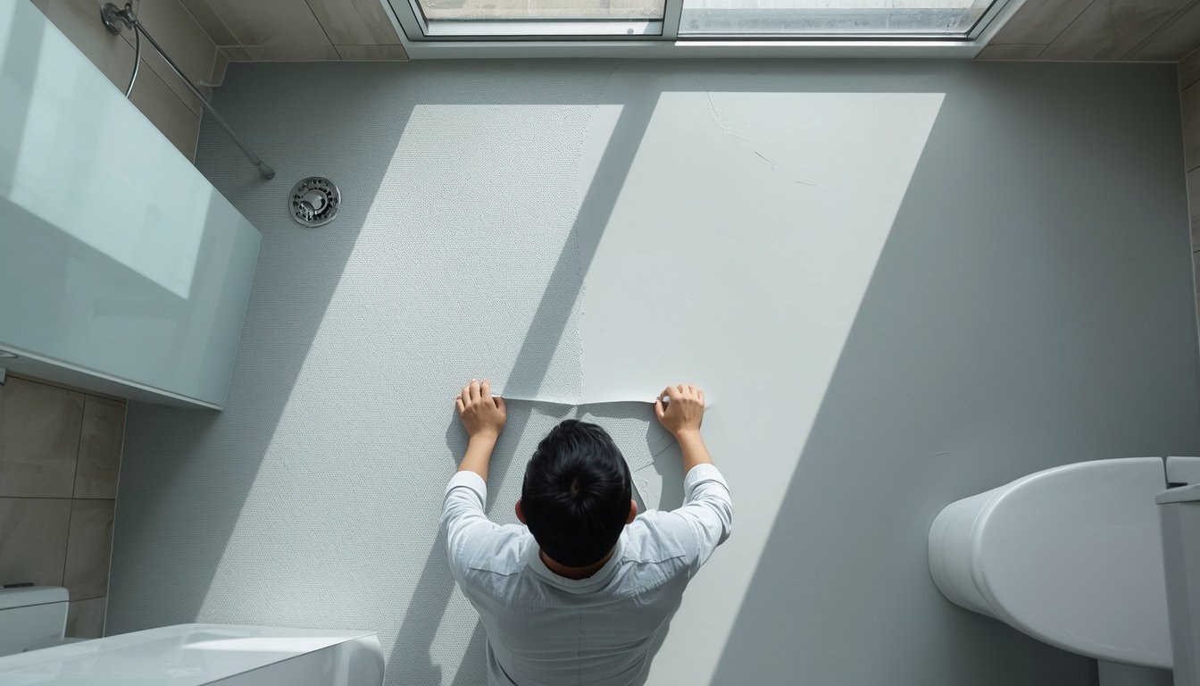 lucid-origin_Top-down_view_of_an_Asian_male_homeowner_applying_light_grey_waterproofing_membr-0