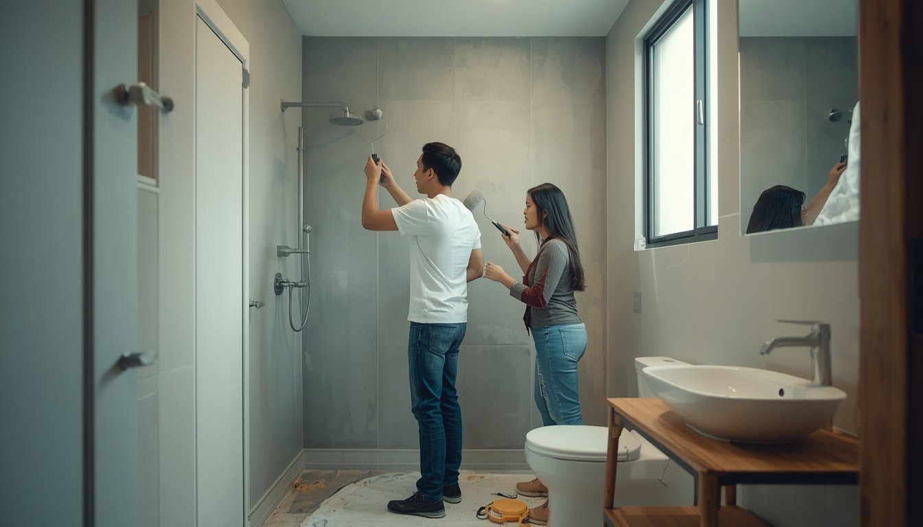 lucid-origin_Ultra-realistic_Malaysian_couple_performing_DIY_waterproofing_work_inside_a_mode-0