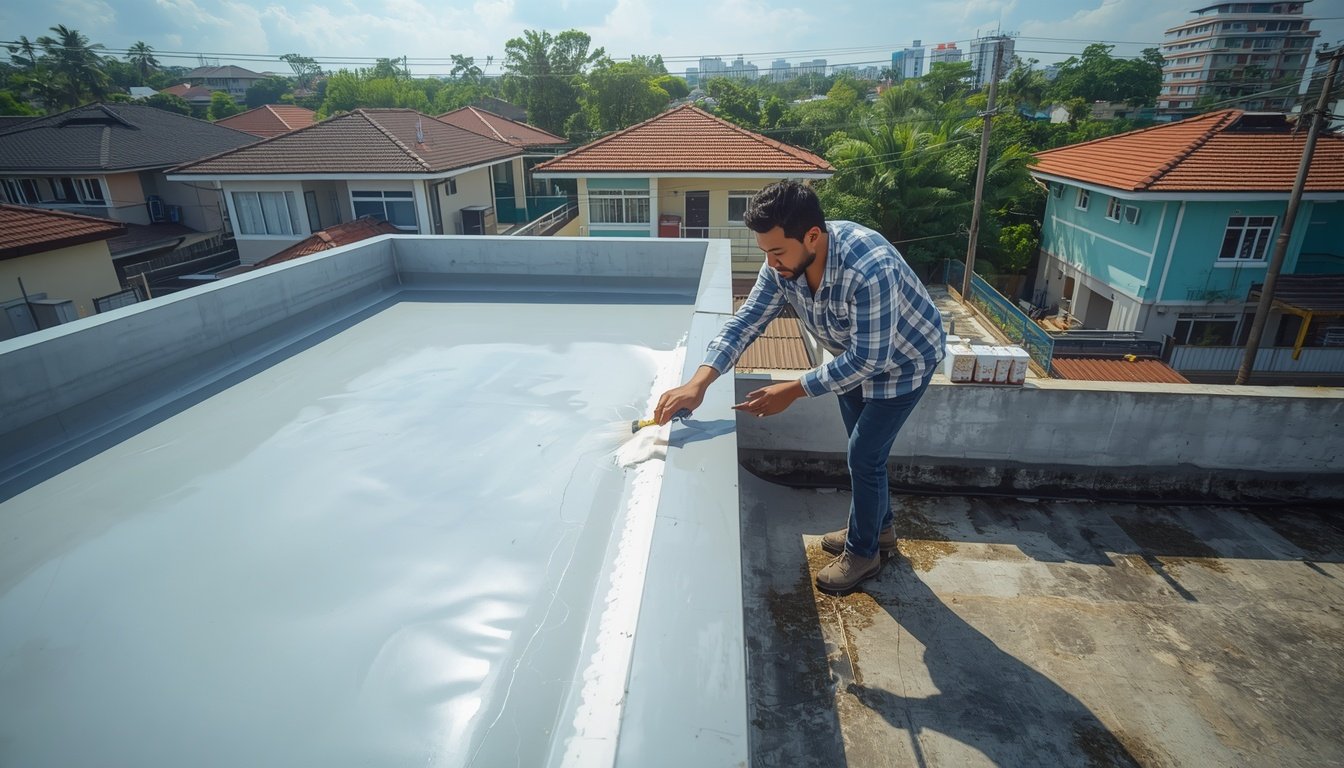 lucid-origin_Ultra-realistic_rooftop_waterproofing_scene_Asian_homeowner_standing_beside_a_pa-0